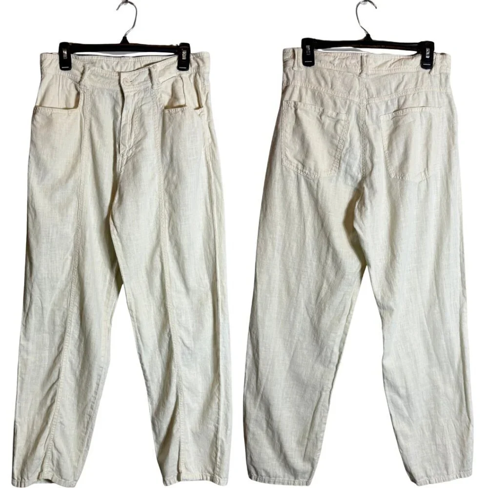 Zara Linen Straight Leg Pants Womens 31 Ivory Lagenlook Minimalist Beach Coastal